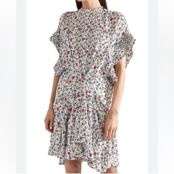 CHLOE Ruffle-trimmed Pleated Floral-print Georgette Mini Dress In Ivory … - Picture 1 of 16